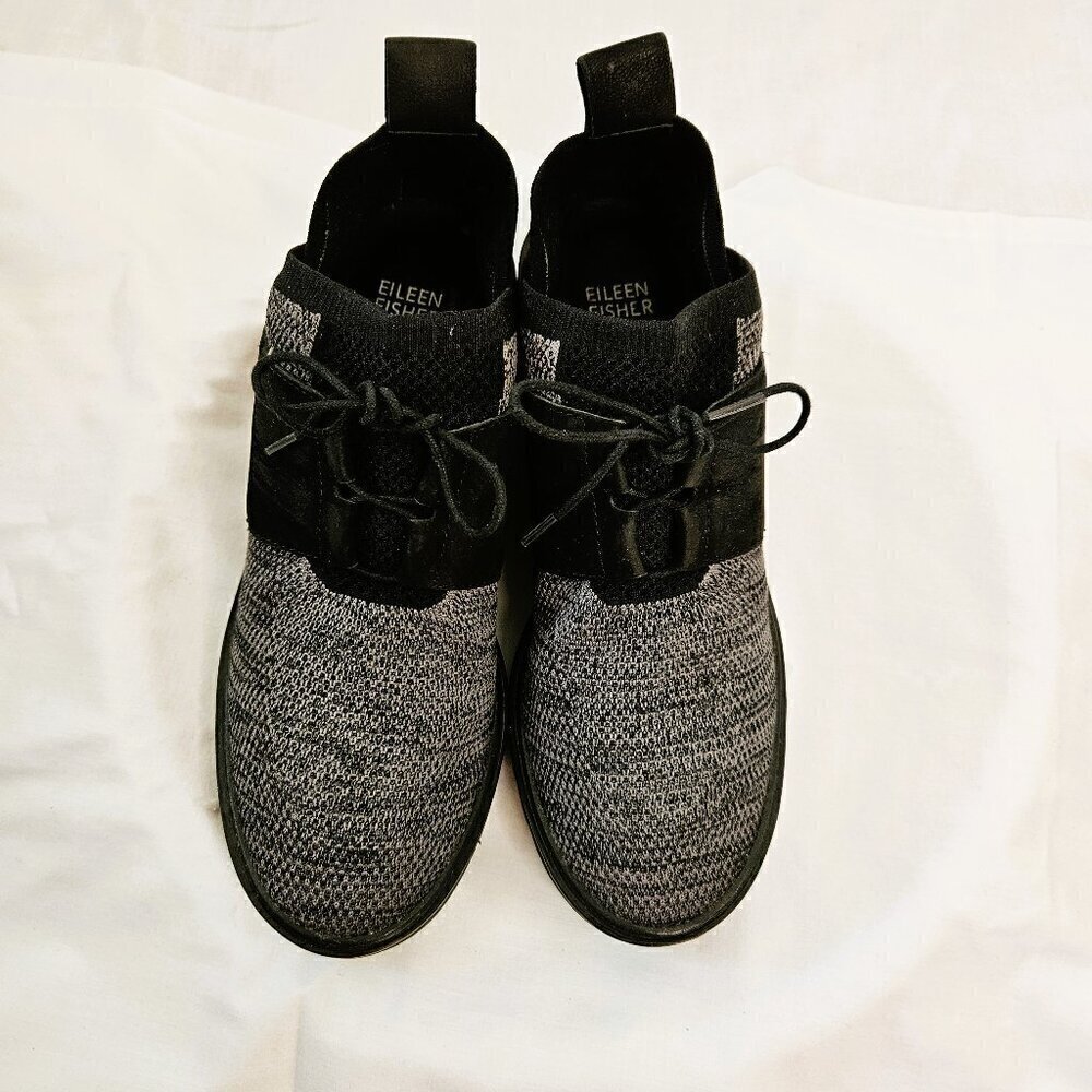 Eileen Fisher women two toned black gray stretch knit wedge heel sneakers SZ 8